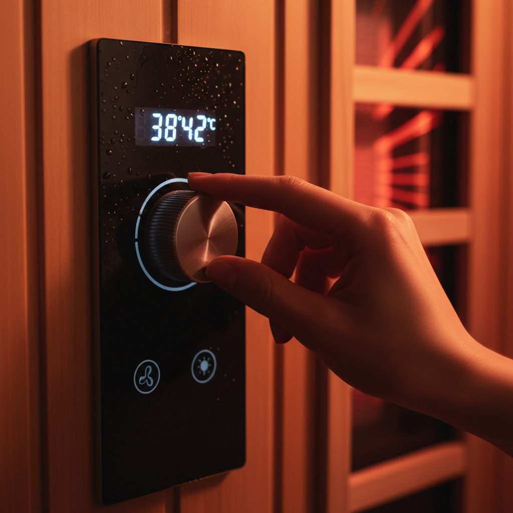 Nahaufnahme einer Hand am Regler einer Infrarotkabine, die Temperatur einstellend