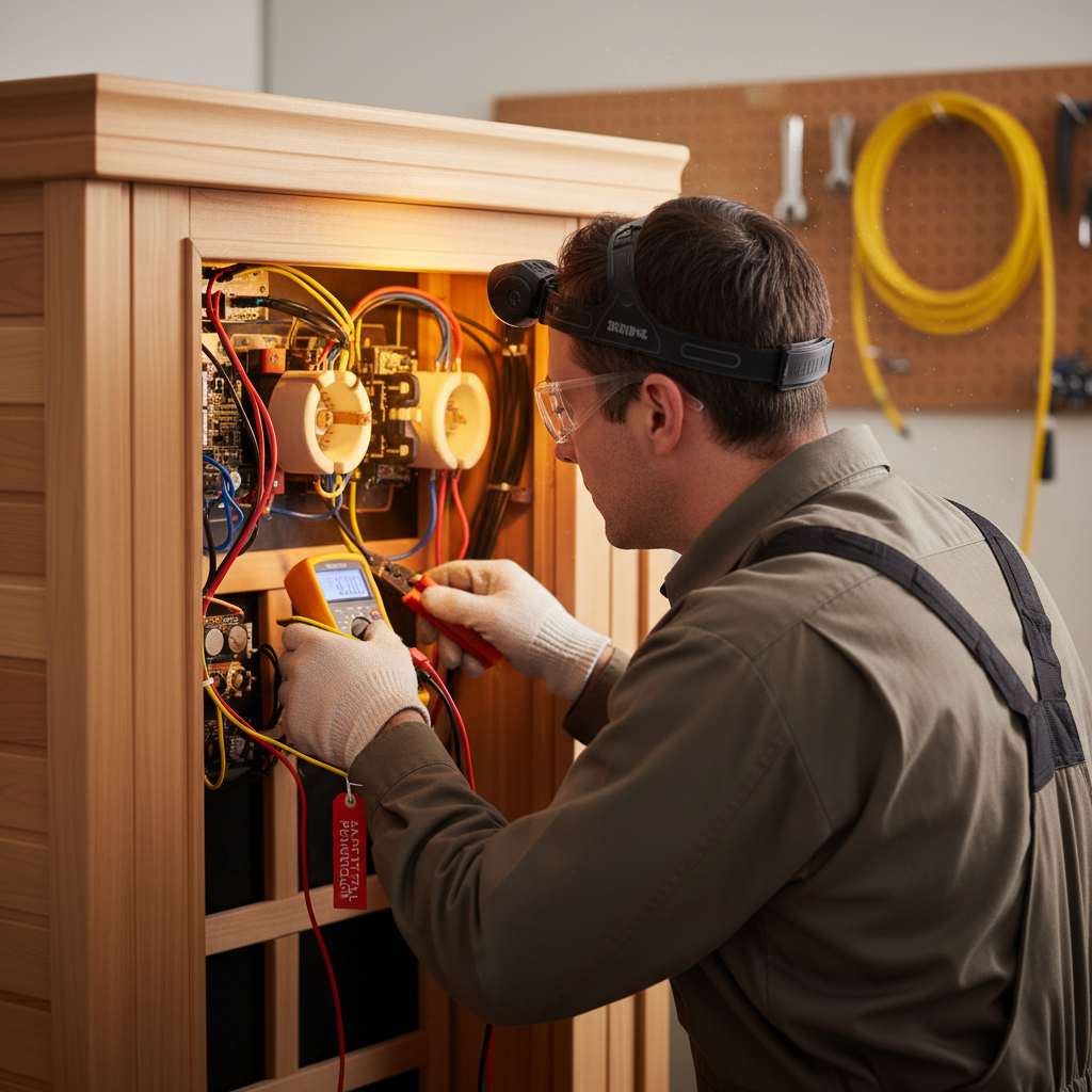 Person überprüft die Anschlüsse einer Infrarotkabine