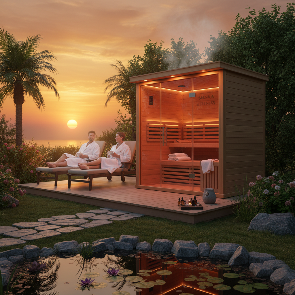 Outdoor Infrarotkabine im Garten bei Sonnenuntergang