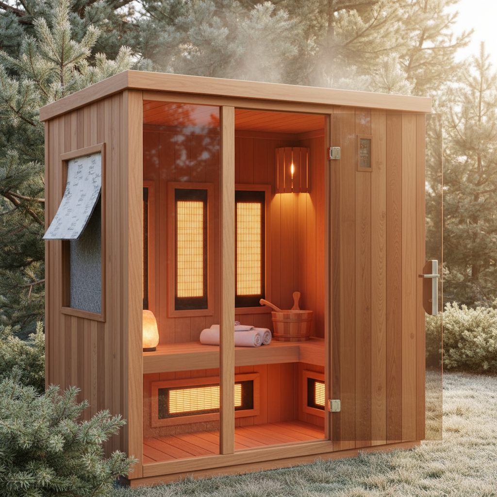 Details einer Outdoor-Infrarotkabine: Strahler, Holzqualität und Isolierung