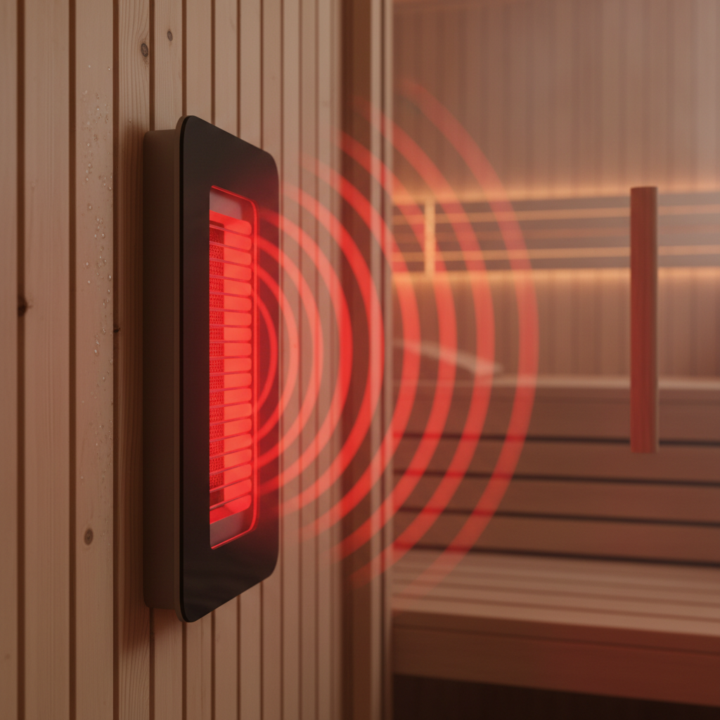 Detailaufnahme eines modernen Infrarotstrahlers in einer Holzkabine, der rotes Licht aussendet und wohlige Wärme verspricht.