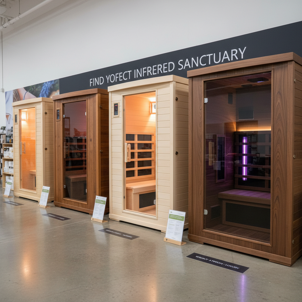 Verschiedene Infrarotkabinen-Modelle nebeneinander, die unterschiedliche Größen und Holzarten demonstrieren und zur Auswahl anregen.