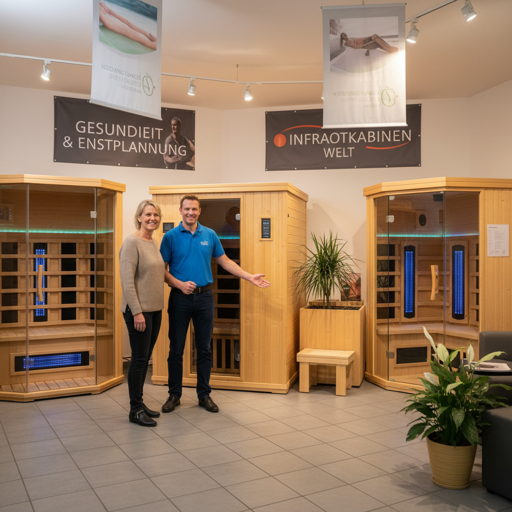 Freundliche Beratungssituation mit einer Person, die in einem Geschäft verschiedene Infrarotkabinen-Modelle begutachtet, im Hintergrund sind verschiedene Ausführungen zu sehen.
