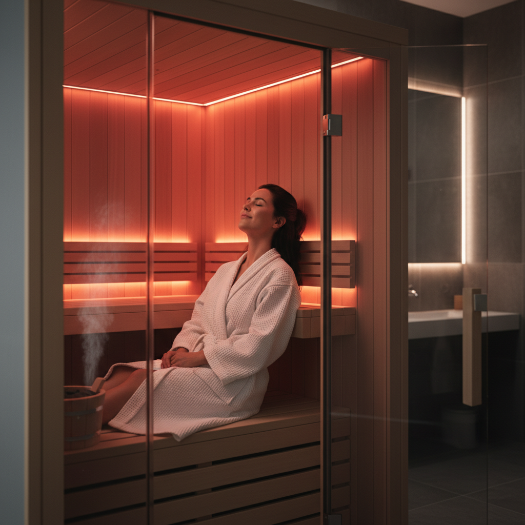 Frau entspannt in moderner Infrarotkabine mit gedämpftem Licht