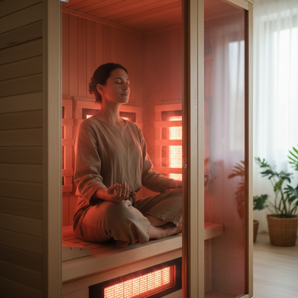 Eine Person entspannt in einer Infrarotkabine und meditiert