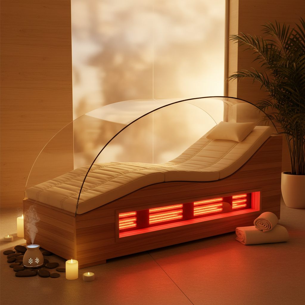 Liegende Infrarotkabine harmonisch in ein helles, ruhiges Wohnambiente integriert