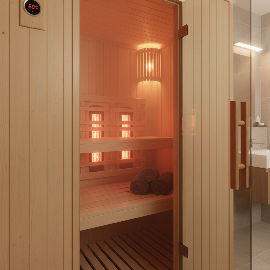 Person baut eine Infrarotsauna auf, Seitenwände werden montiert