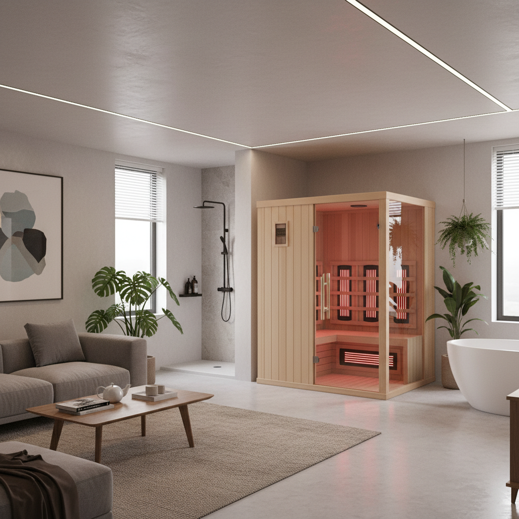 Fertig aufgebaute Infrarotsauna mit sanftem Licht und weichen Handtüchern.