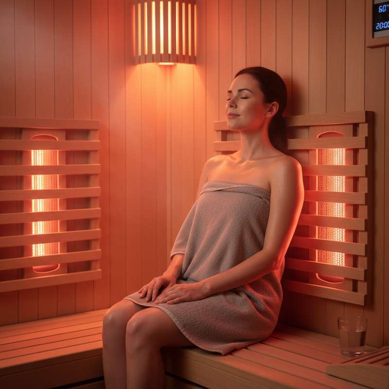 Frau entspannt in Infrarotsauna zur Behandlung von Rückenschmerzen