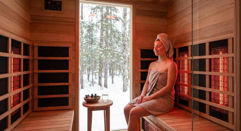 Person entspannt in Infrarotsauna mit Holzbank und Strahler