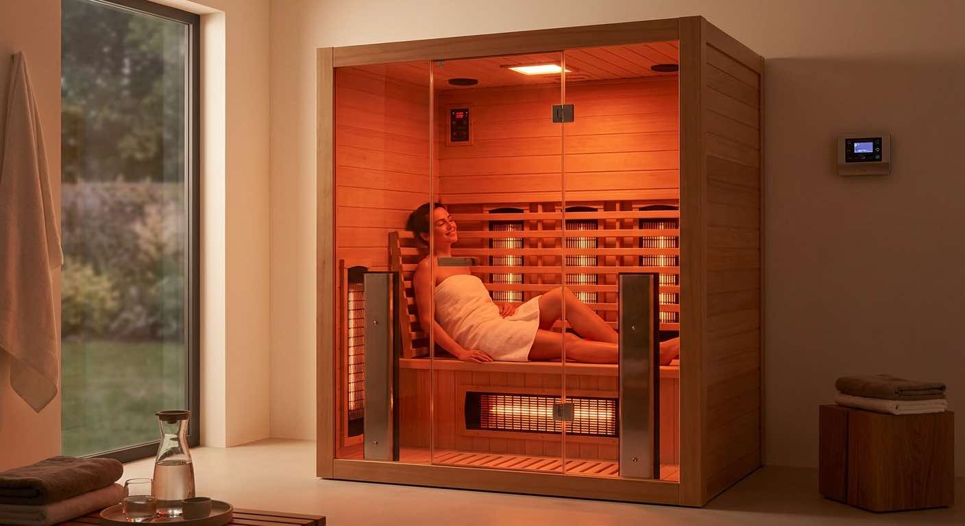 Infrarotsauna im Innenbereich — Holzkabine mit Infrarotstrahlern