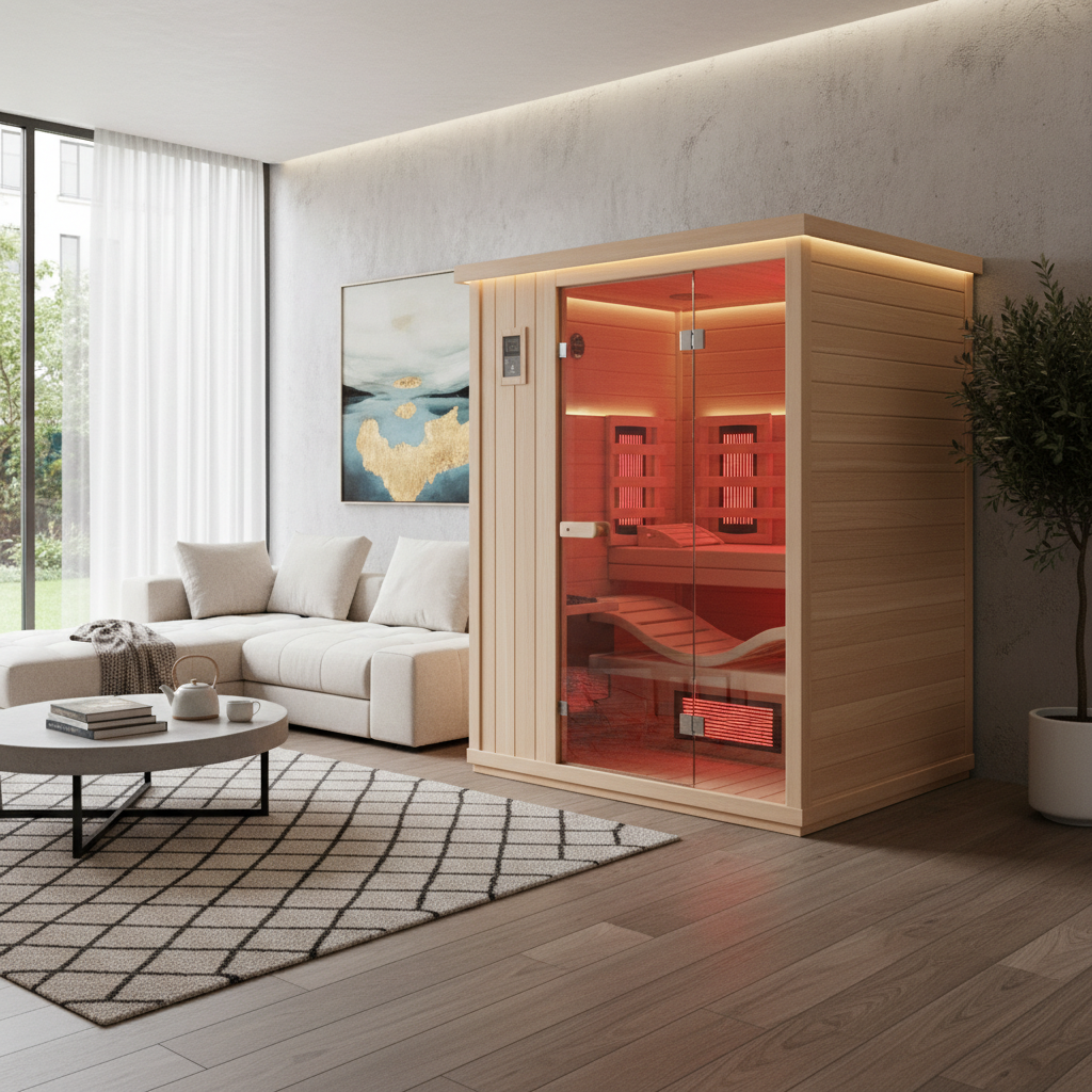 Person entspannt in einer modernen Artsauna Infrarotkabine