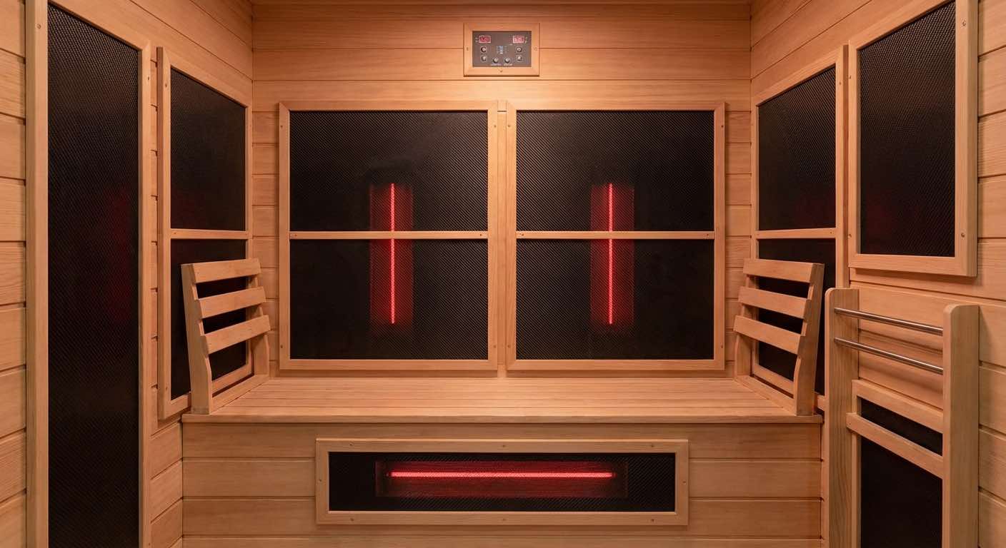 Infrarotsauna Innenraum mit Carbon-Strahlern und Hemlock-Holz
