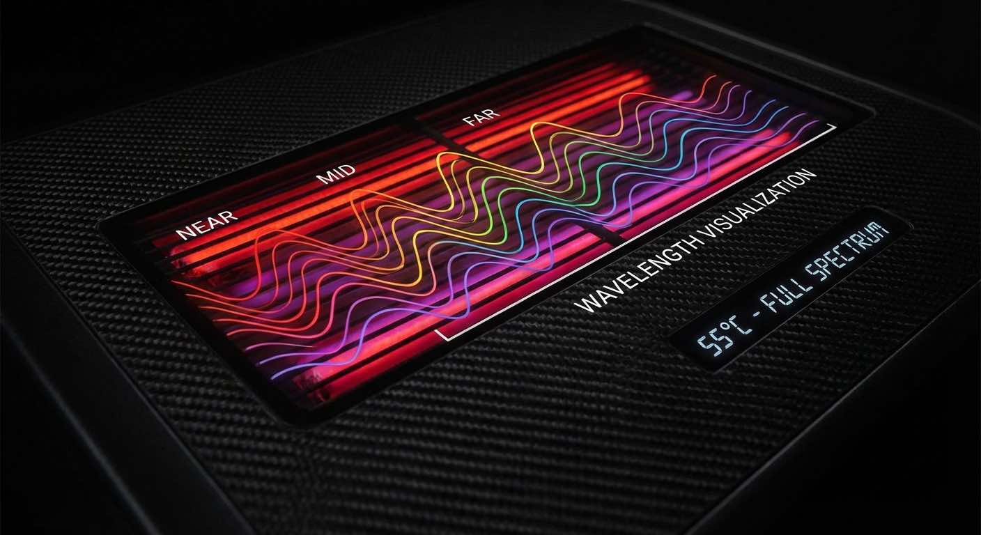 Carbon Full Spectrum Infrarotstrahler Nahaufnahme mit Wellenlängen-Visualisierung