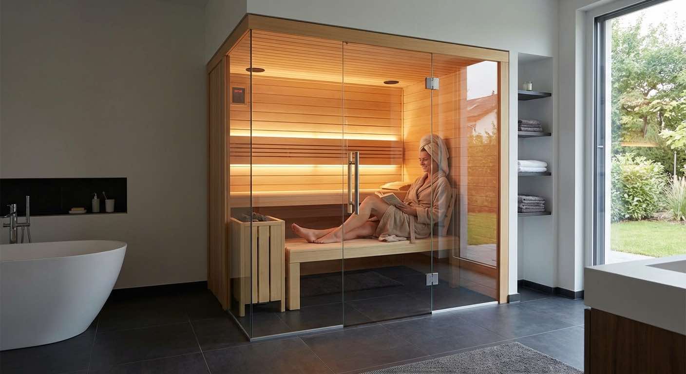 Infrarotsauna im modernen Wellnessraum - Person entspannt in der Kabine