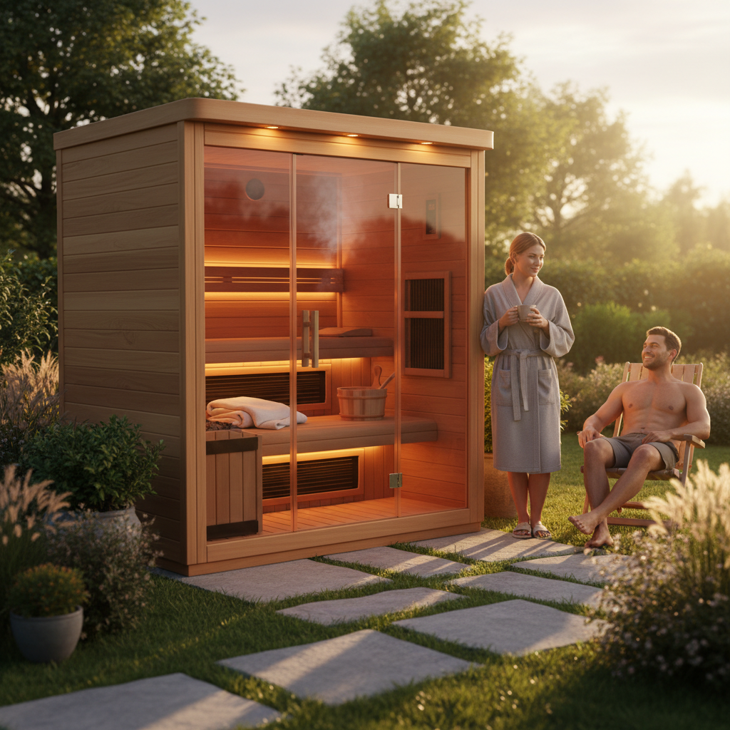 Outdoor-Infrarotsauna mit hochwertigem Holzaufbau im Garten