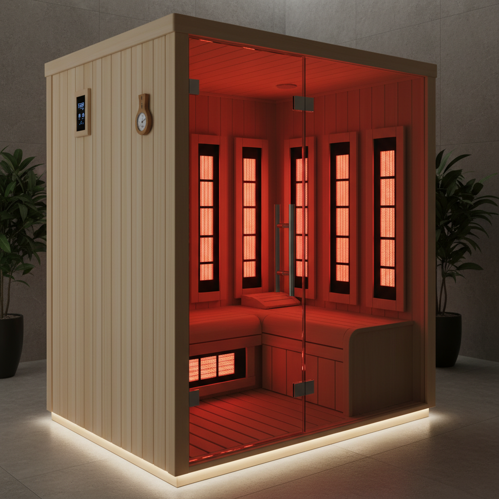Person entspannt in einer modernen Vollspektrum-Infrarotsauna mit sanftem Licht