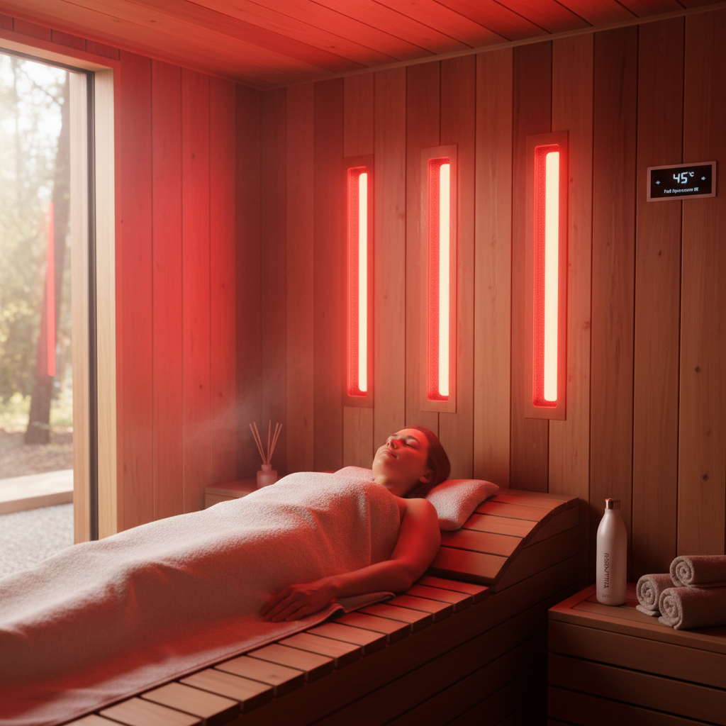 Innenansicht einer modernen Vollspektrum-Infrarotsauna mit Wärmelampen und Holzbänken