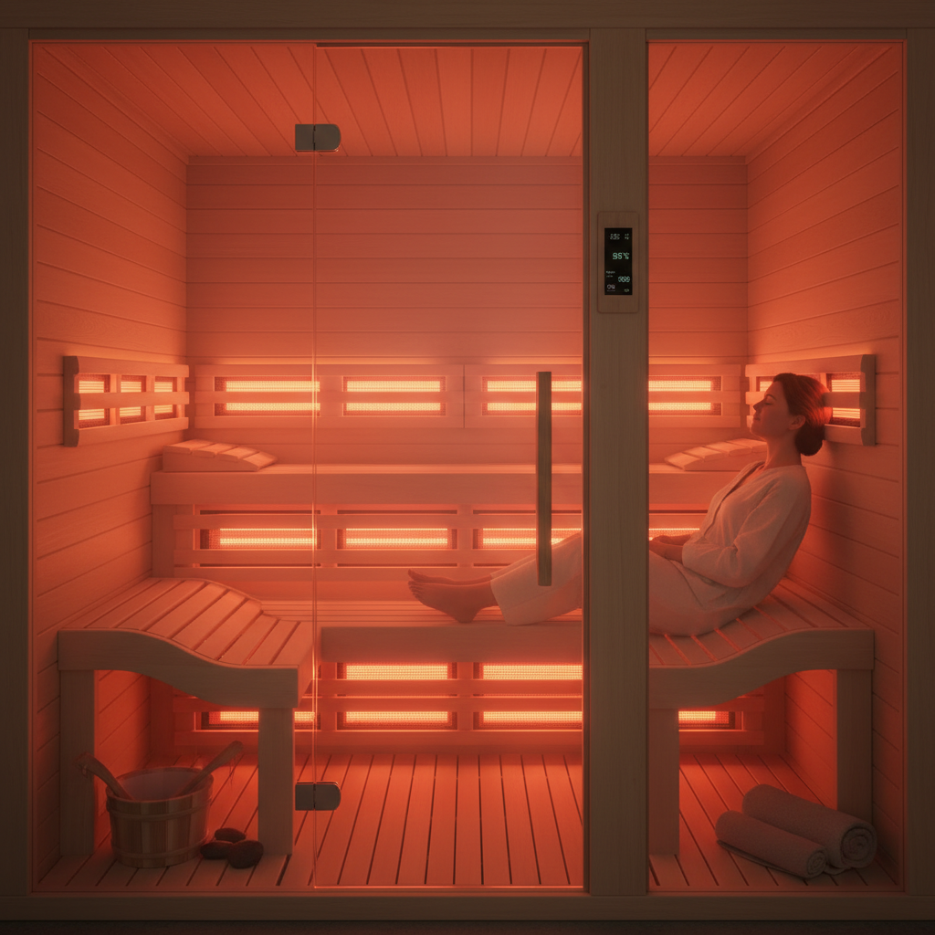 Vollspektrum Infrarotsauna in einem eleganten Badezimmer, bereit zur Nutzung