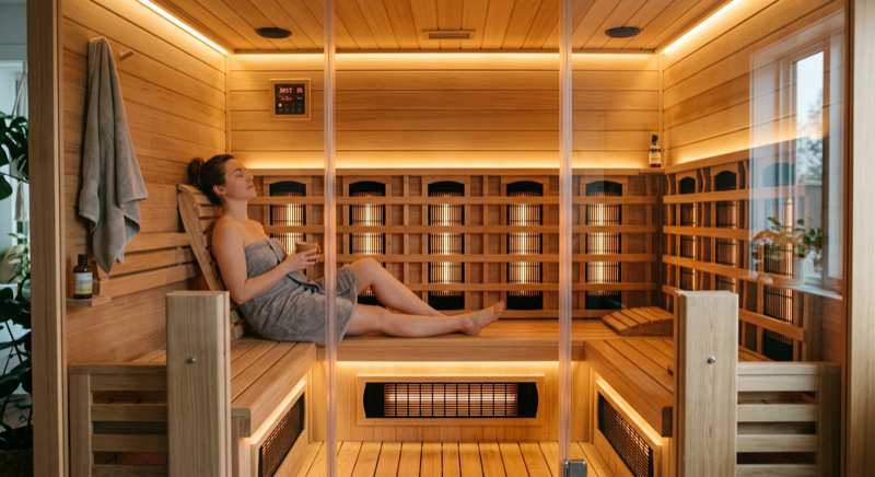 Moderne Infrarotsauna mit warmen LED-Strahlern und entspannter Atmosphäre
