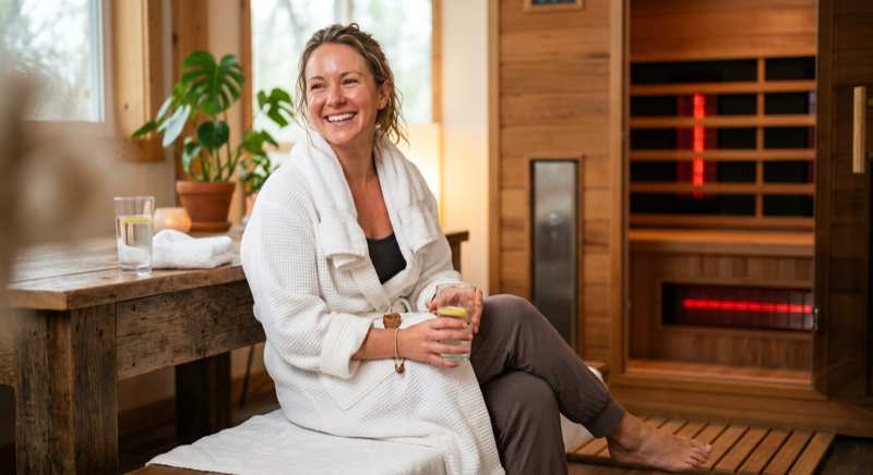 Entspannte Person nach einer Infrarotsauna Sitzung mit lächelndem Gesichtsausdruck