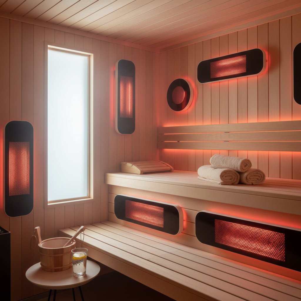Verschiedene Infrarotstrahler in einer modernen Sauna