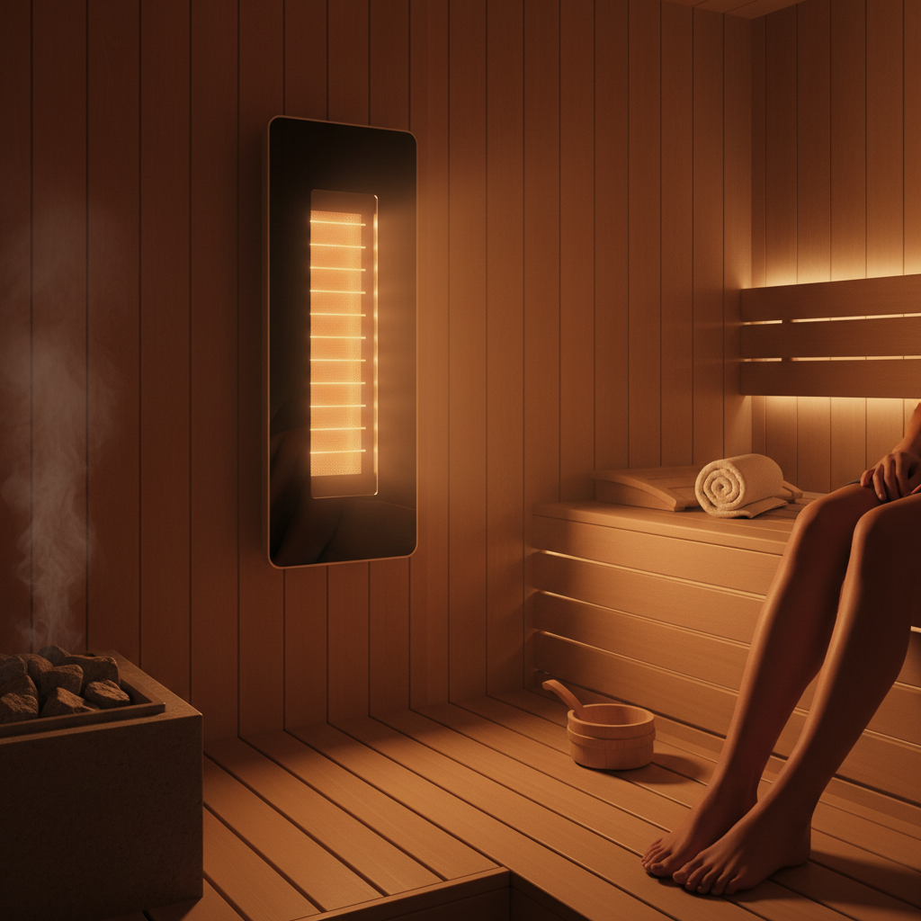 Moderner Infrarotstrahler in einer Holzsauna