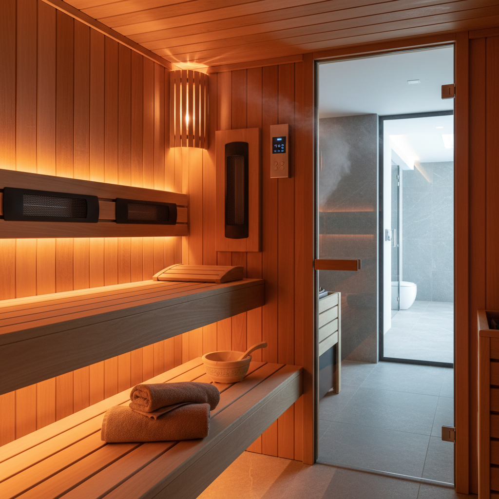Infrarotstrahler in moderner Sauna integriert