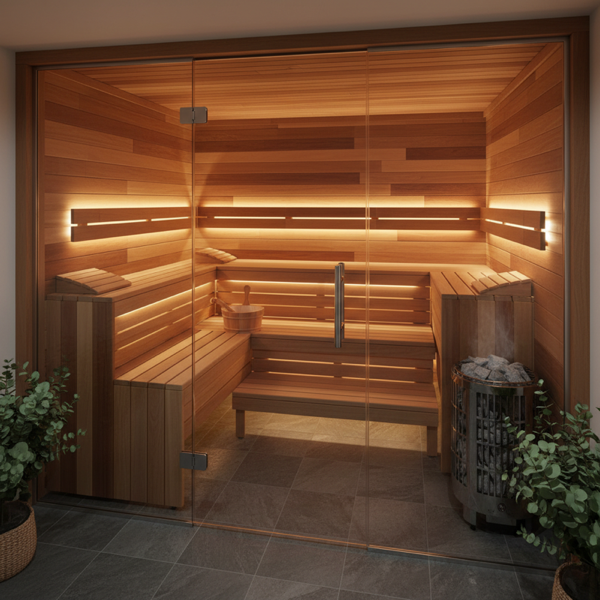 Fertige Innensauna im Keller — gemütliche Atmosphäre mit Holzverkleidung