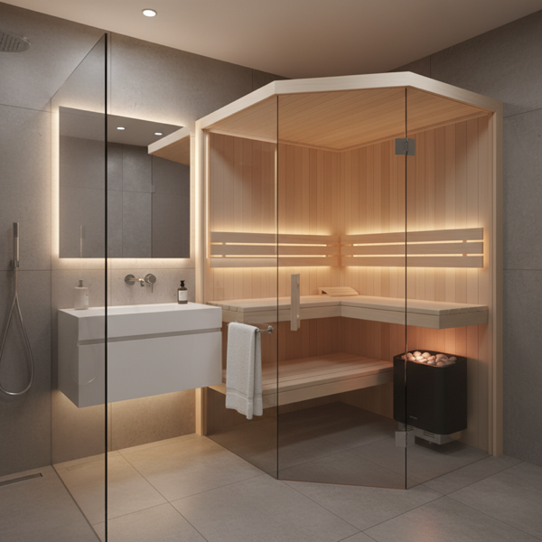Kompakte 1-Personen Ecksauna im modernen Badezimmer