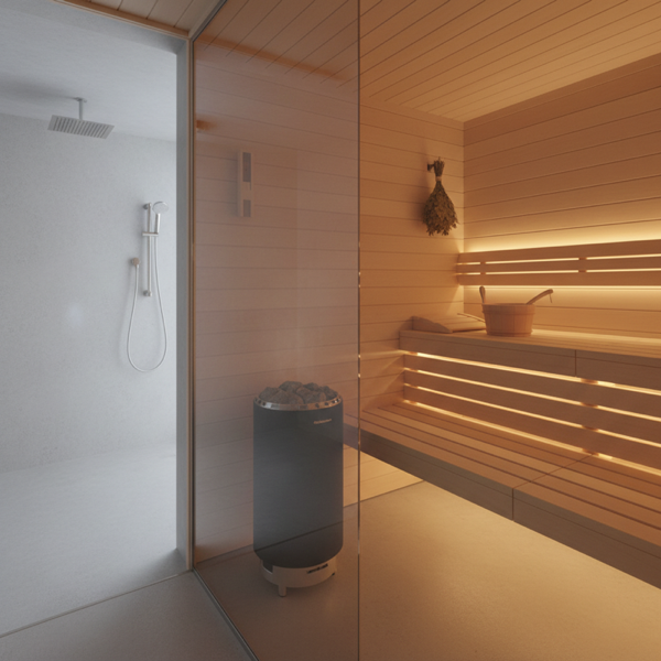 Hochwertige Innensauna mit Holzbänken und warmer Beleuchtung