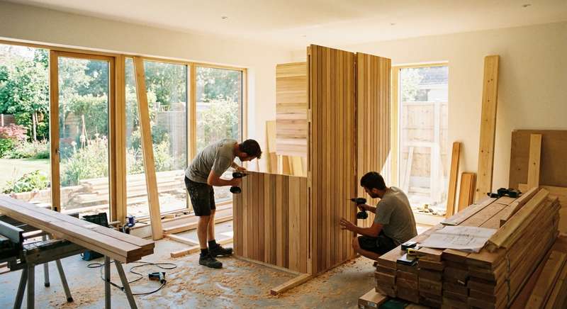 Modulare Sauna-Elemente werden zusammengebaut