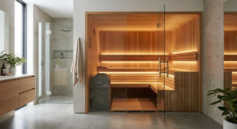 Moderne Innensauna mit Glastür und warmem Holzinterieur