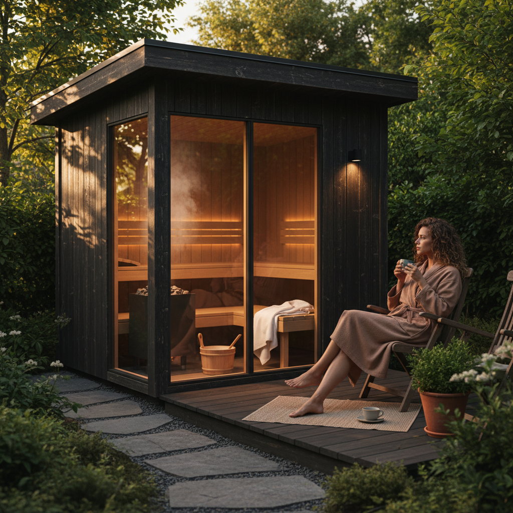 Kleine Gartensauna mit Sauna-Beleuchtung