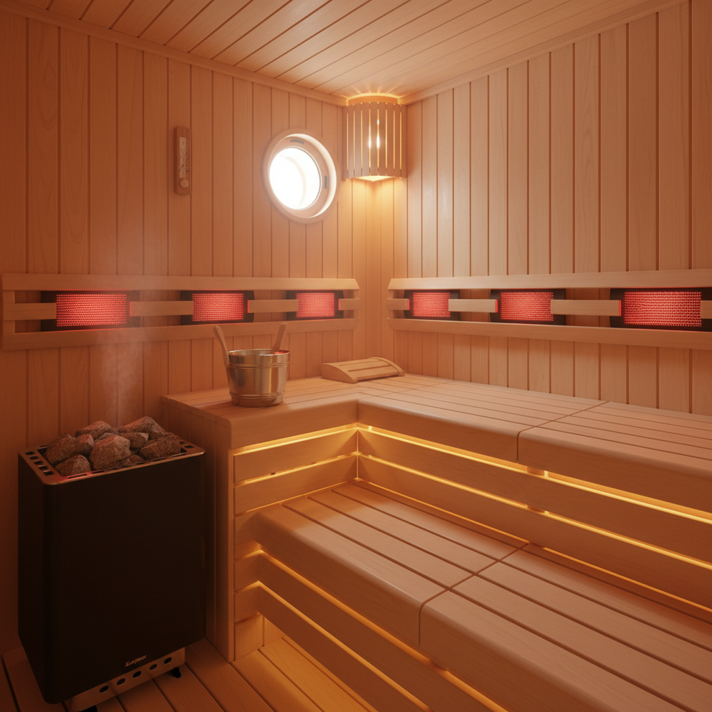 Kombisauna Innenansicht Saunaofen und Infrarotstrahler