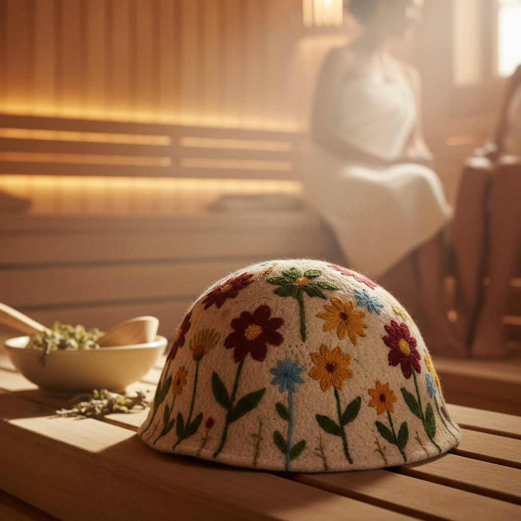 Natural Textile Saunahut aus Bio-Wollfilz mit Blumenmuster