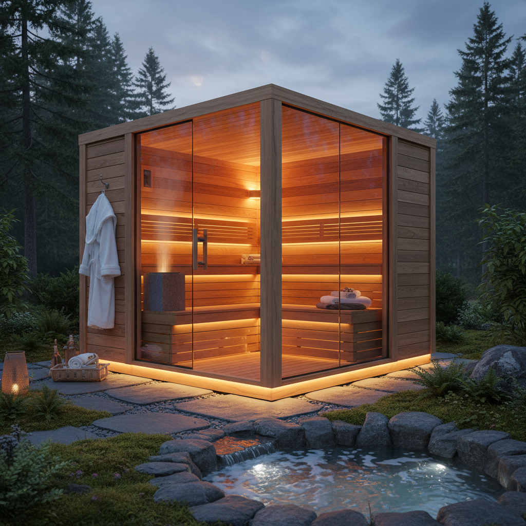 Outdoor Infrarotkabine mit Holzterrasse elegant in einen naturnahen Garten integriert