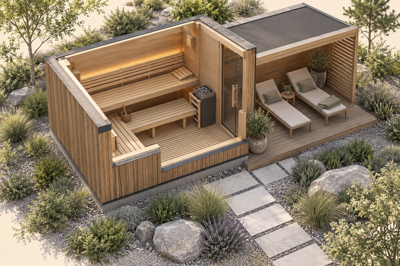 Architekturillustration einer aufgeschnittenen Gartensauna mit Holzlattenbänken, Glaszugang und angrenzender Liegeterrasse