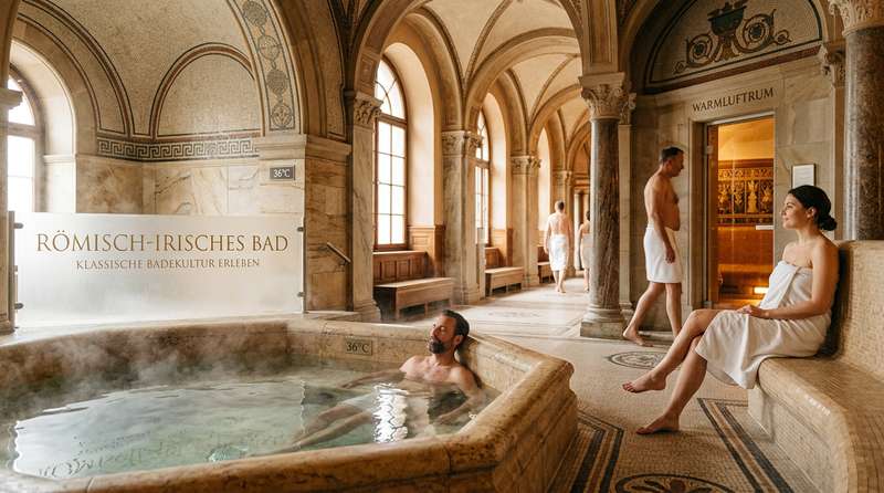 Historischer Kuppelsaal eines Römisch-Irischen Bades mit Marmorbänken und Dampfatmosphäre