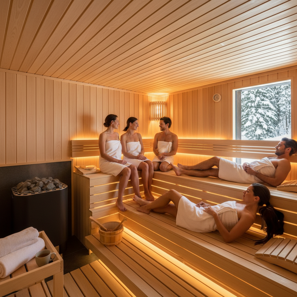 Eine 6-Personen-Sauna mit naturbelassenem Holz