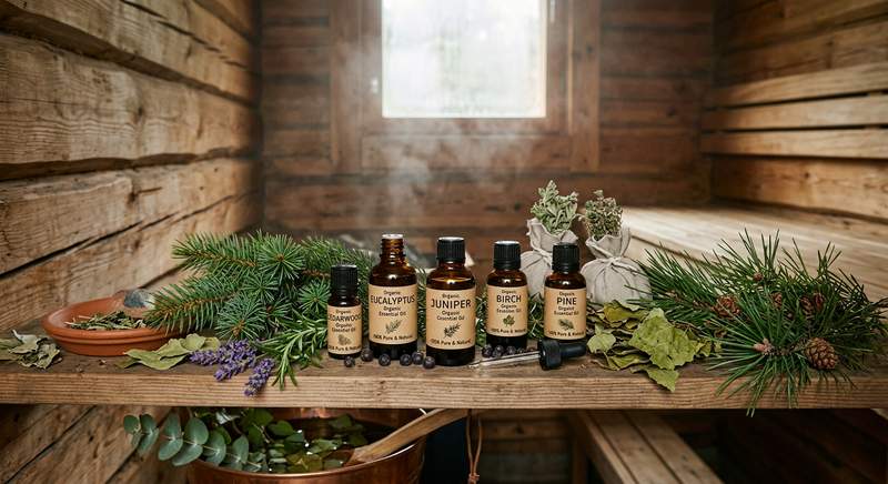 Naturreine ätherische Öle in kleinen Glasfläschchen — Qualitätsmerkmal für Sauna-Aromaöle