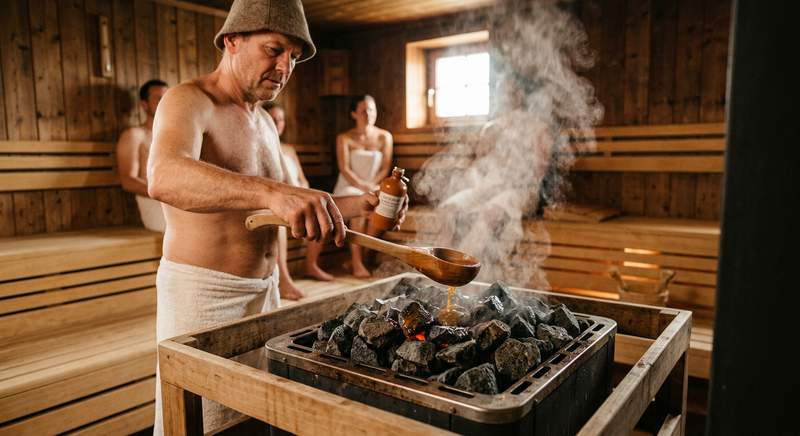 Korrekte Dosierung von Sauna-Aromaöl im Aufgusswasser — 1-2 Tropfen auf 500 ml