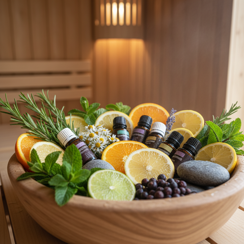Verschiedene ätherische Öle, frische Kräuter und Früchte für Saunaaufgüsse in einer Holzschale