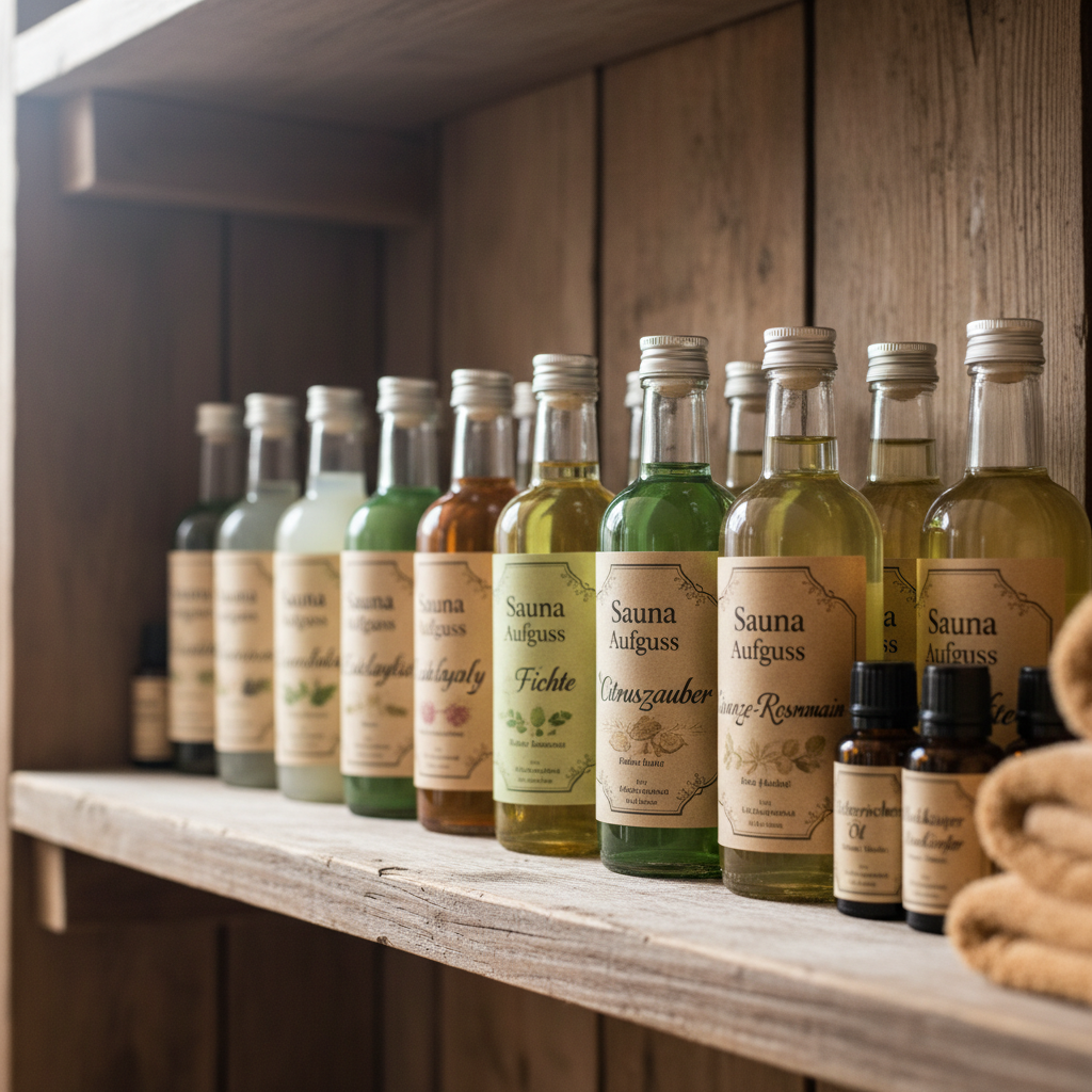 Mehrere Flaschen mit verschiedenen Saunaaufguss-Konzentraten und ätherischen Ölen