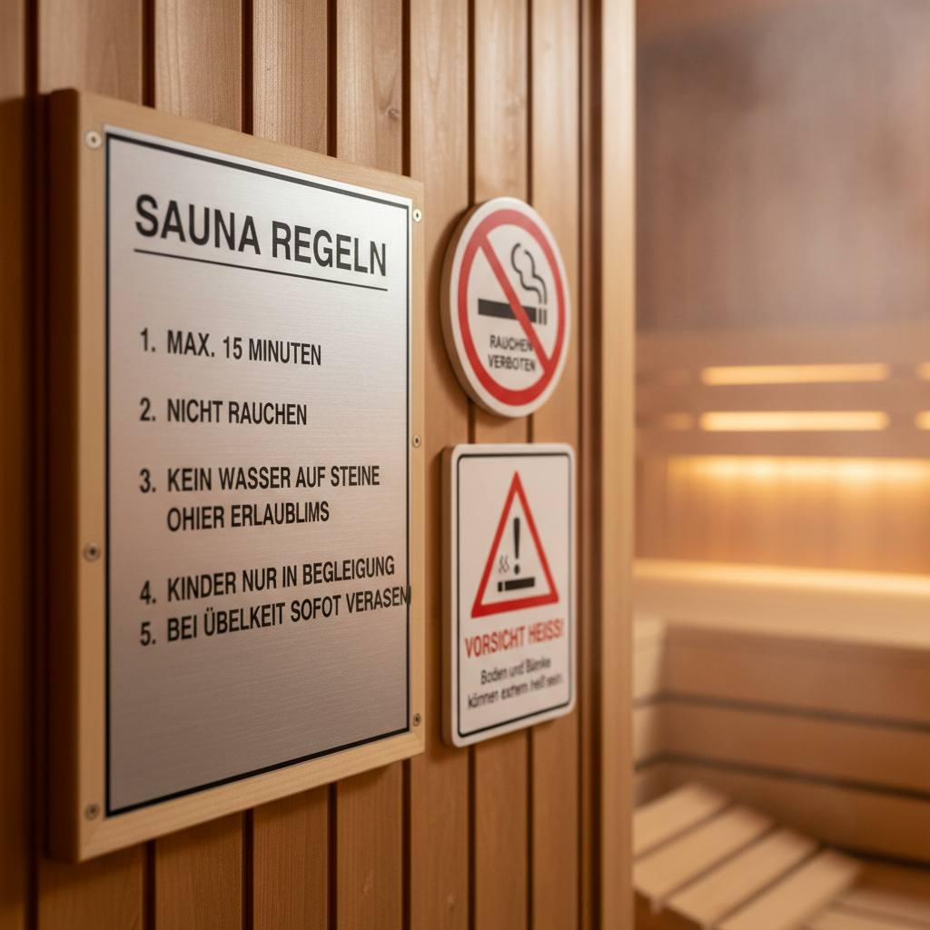 Nahaufnahme von warnenden Schildern und Sicherheitshinweisen in einer Sauna