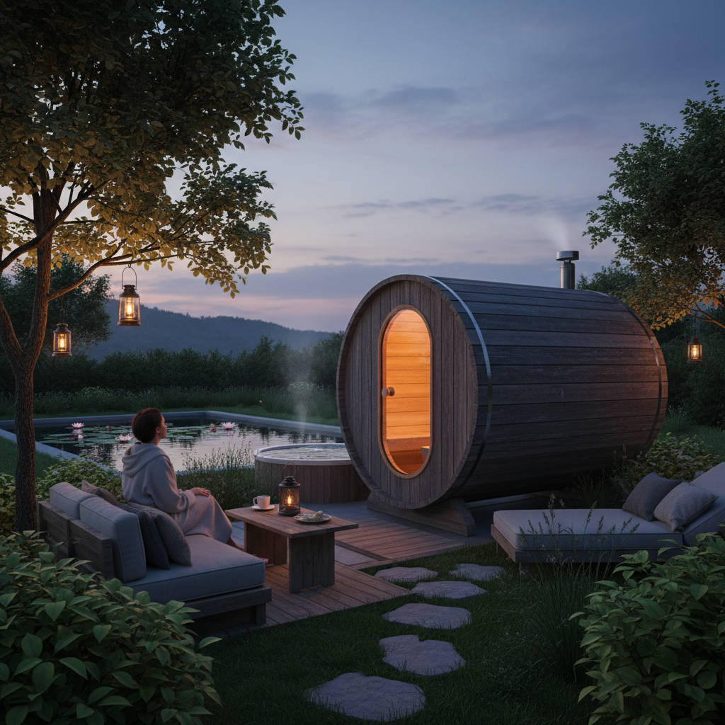 Moderne Heimsauna bei Sonnenuntergang im Garten