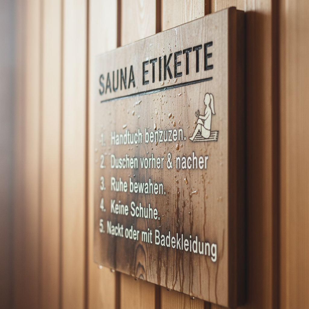 Saunaausrüstung: Handtuch, Bademantel, Sauna-Filzhut und Wasserflasche bereitgelegt vor dem Saunagang