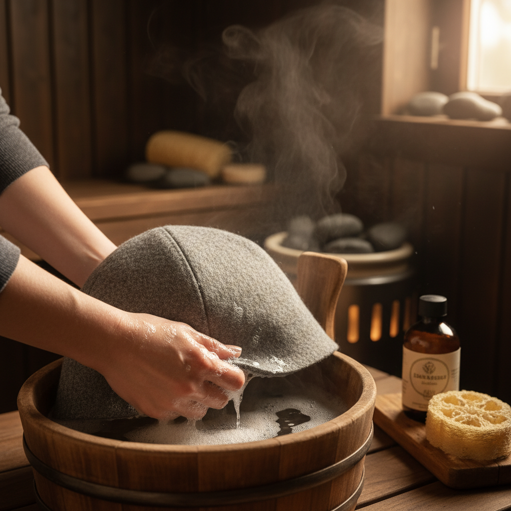 Frau mit modernem Saunahut in der Sauna