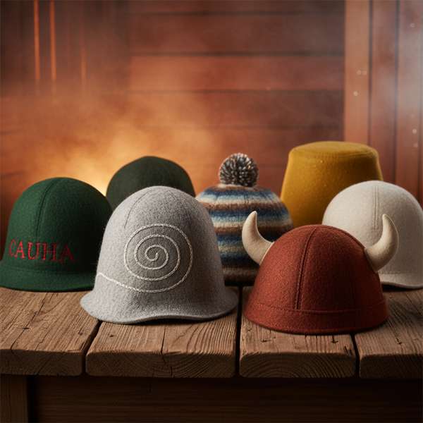 Verschiedene Saunahüte aus Filz im Vergleich