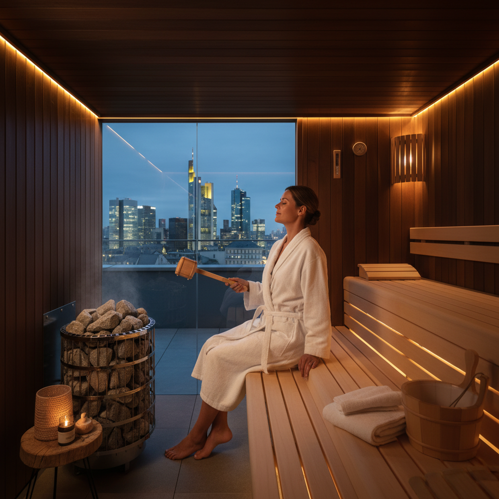 Aufgussbereich einer Frankfurter Sauna mit Holzverkleidung und Saunaofen
